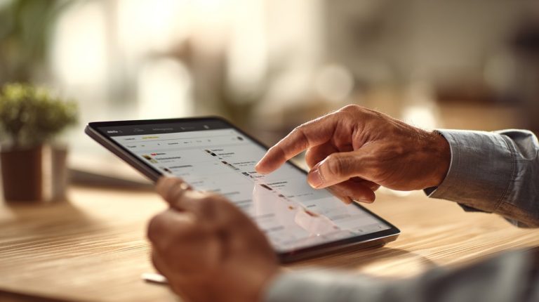 A person's hands holding a tablet, critically examining product listings on an e-commerce platform, with a subtle glow of discernment.