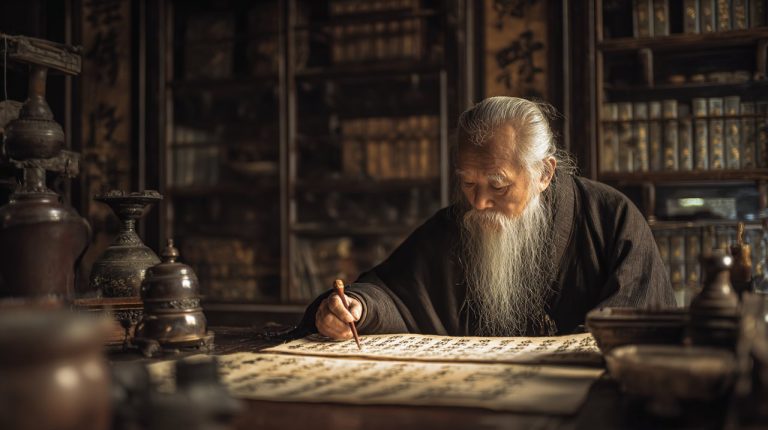 An elderly Chinese scholar carefully examining an ancient medical text in a traditional library setting.