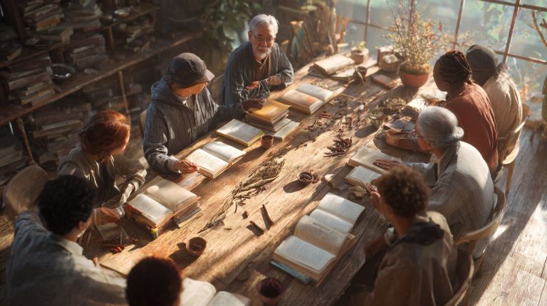 A diverse group of individuals engaged in a lively discussion around a table, surrounded by books and traditional Chinese medicine elements, symbolizing shared learning and community.